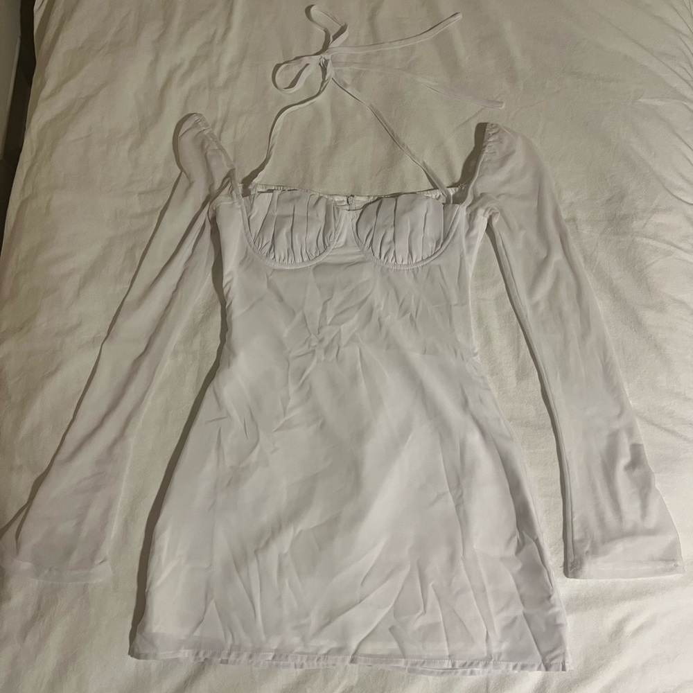 Princess Polly, Dyer sheer long sleeve mini dress, white, petite size 2.